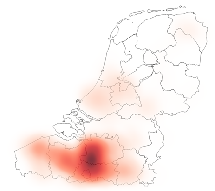 Heatmap jeans (rode vlek in Vlaanderen, lichtrode vlek in westen en zuiden van Nederland)