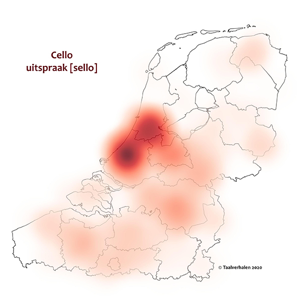 Heatmap van de uitspraak cello: vooral in Nederland, ook in België