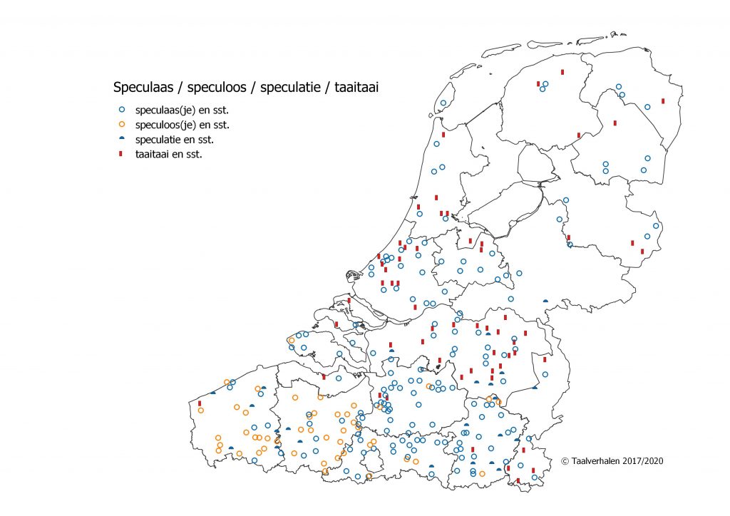 Taalkaart Vlaanderen en Nederland met speculaas, speculoos, speculatie en taaitaai