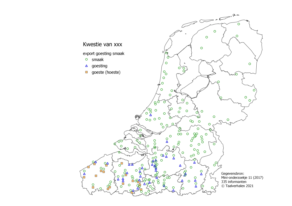taalkaart 'kwestie': smaak in het hele taalgebied, goesting in Vlaanderen, goeste in West- en Oost-Vlaanderen