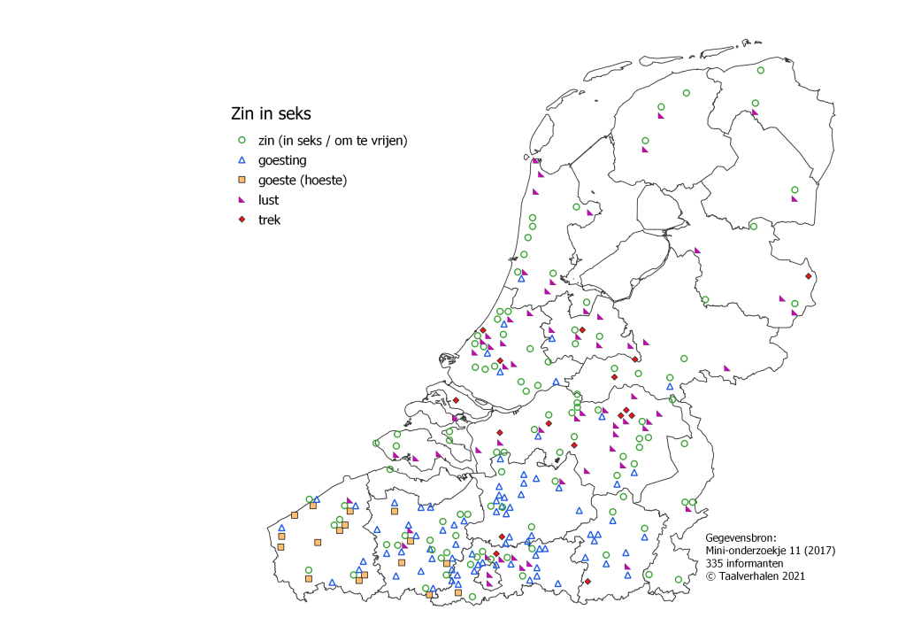 taalkaart 'zin in seks': zin in het hele taalgebied, lust vooral in Nederland, goesting in Vlaanderen, goeste in West- en Oost-Vlaanderen. Ook verspreid: trek