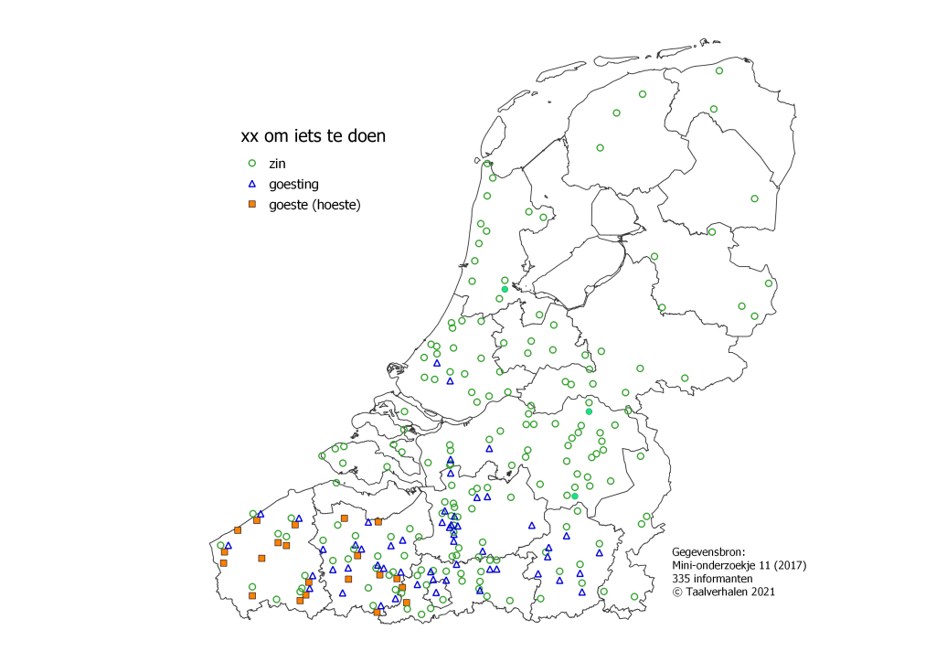 taalkaart 'zin om iets te doeni': zin in het hele taalgebied, goesting in Vlaanderen, goeste in West- en Oost-Vlaanderen