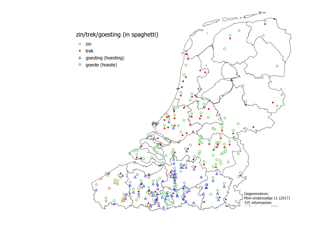 taalkaart 'zin in spaghetti': zin in het hele taalgebied, trek vooral in Nederland, goesting in Vlaanderen, goeste in West- en Oost-Vlaanderen