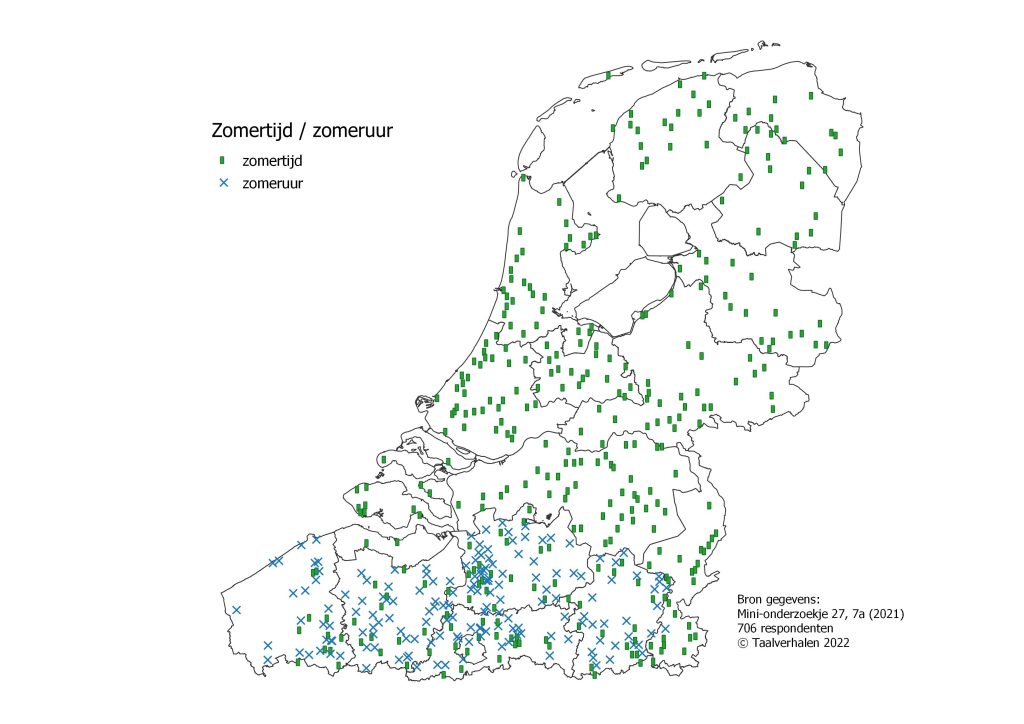 Taalkaart zomertijd (algemeen in Nederland en verspreid in Vlaanderen) en zomeruur (algemeen in Vlaanderen)