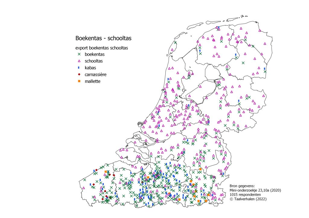 Kaart over de tas die scholieren mee naar school nemen: boekentas (Vlaanderen), schooltas (Nederland), kabas (Antwerpen, Vlaams-Brabant), carnassière (West-Vlaanderen), mallette (Limburg)